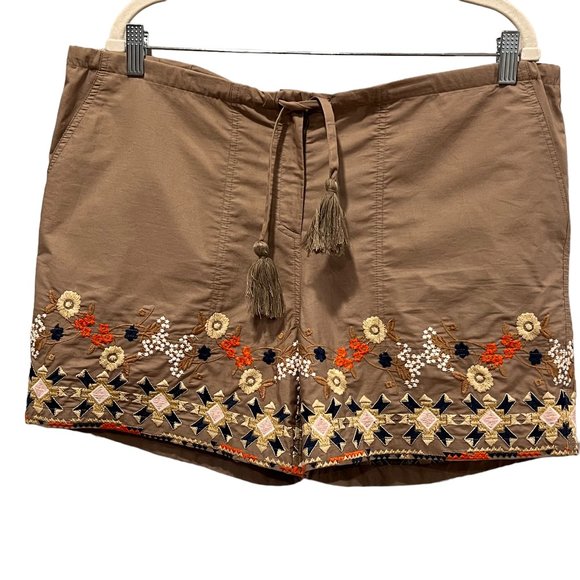 Tolani Women's Embroidered 'Gem Shorts', Zip Tie Waist, Pockets, Cotton, Tan, L - Picture 1 of 7